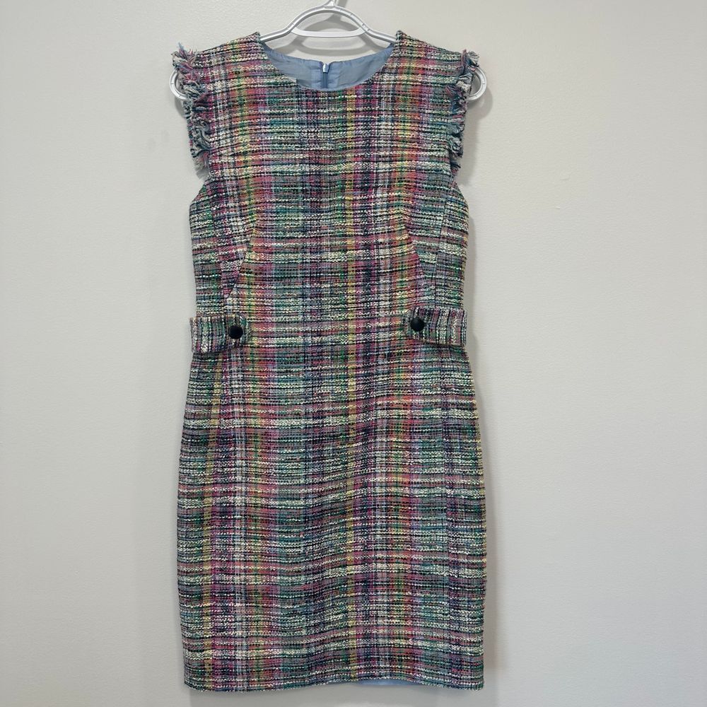 Akris Punto Multicolored Bleached Denim Dress 4 Tweed Plaid Career Fringe‎ NWT